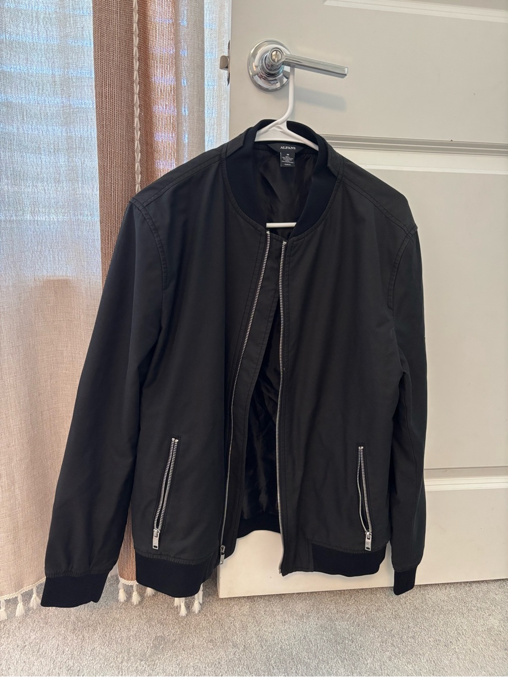 Men’s Alfani Black Bomber Jacket with Silver Zippers